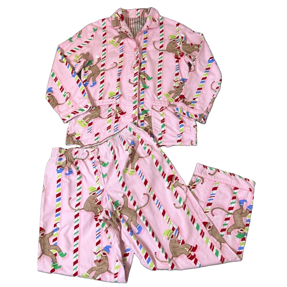 Nick And Nora Sock Monkey Flannel Christmas Holiday Pajama Set Size M Pink Candy
